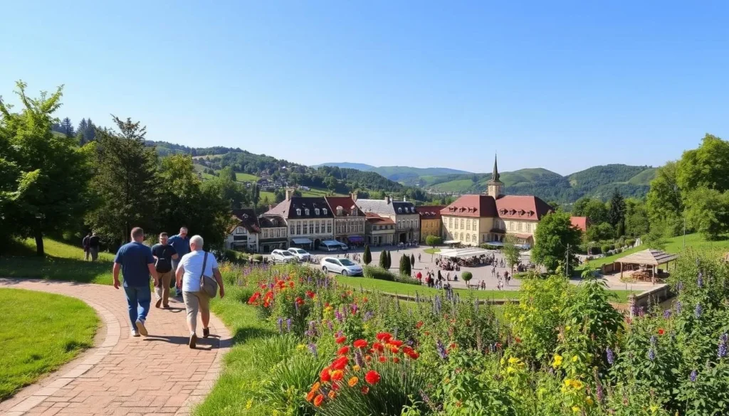 A scenic landscape in Zalaegerszeg, Hungary, showcasing the best time to visit, safety, and money-saving tips. In the foreground, a group of tourists explores a well-maintained walking trail, admiring the lush greenery and vibrant flowers. The middle ground features a charming town square with historic buildings and a bustling marketplace, hinting at the local culture and cuisine. In the background, rolling hills and a clear blue sky create a picturesque backdrop, conveying a sense of tranquility and natural beauty. The lighting is soft and warm, creating a welcoming atmosphere. The overall scene captures the essence of planning a smart and enjoyable visit to Zalaegerszeg.