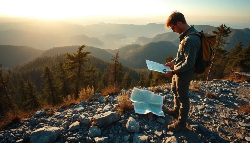 A scenic mountain landscape with rolling hills and dense forests in the background. In the foreground, a person stands on a rocky trail, studying a map and compass, planning their hiking route through the Retezat National Park. Soft, warm sunlight filters through the trees, creating a serene, adventurous atmosphere. The scene conveys a sense of exploration and discovery, with the hiker thoughtfully considering their path forward. Cinematic camera angle, sharp focus on the planning activity in the foreground.