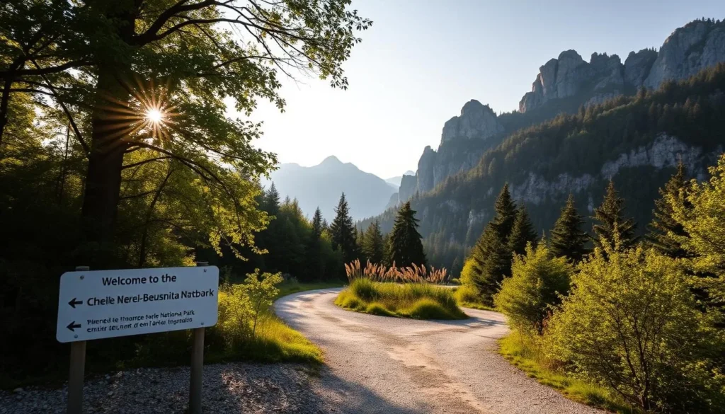 A scenic mountain road winding through a lush, verdant forest, leading to the entrance of Cheile Nerei-Beusnita National Park. Sunlight filters through the canopy, casting a warm, golden glow on the gravel path and nearby flora. In the foreground, a welcoming sign with clear directional information invites visitors to explore the park's natural wonders. The middle ground features a well-maintained, accessible pathway, suitable for hikers and outdoor enthusiasts. In the distance, majestic limestone cliffs and towering peaks create a breathtaking backdrop, hinting at the park's dramatic landscapes.