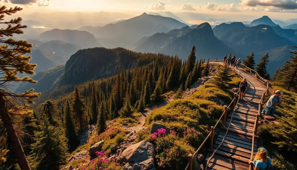 A scenic mountain trail winds through lush evergreen forests, leading hikers along a ridge with sweeping panoramic views of rugged peaks and valleys. Warm sunlight filters through the canopy, casting a golden glow over the path and illuminating the vibrant wildflowers dotting the landscape. Hikers traverse rocky outcroppings and cross sturdy wooden bridges, immersed in the serene tranquility of the natural surroundings. The trail invites exploration, promising an immersive outdoor adventure with exceptional vistas at every turn.
