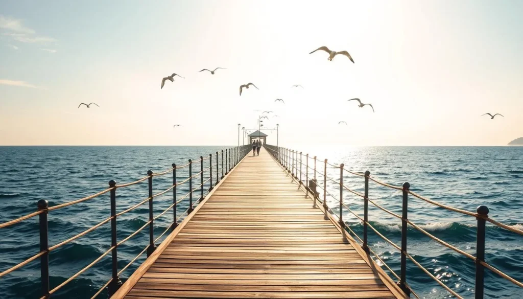 A scenic pier stretching out over the tranquil black waters of the Black Sea, under a bright, sun-dappled sky. The wooden planks lead the eye towards the distant horizon, where waves gently lap against the shore. Beachgoers stroll leisurely, taking in the salty breeze and unobstructed vistas. Seagulls soar overhead, their cries echoing across the serene scene. Warm, golden light bathes the pier, creating a sense of relaxation and peaceful contemplation. Capture the iconic, picturesque essence of Burgas' waterfront in a realistic, photographic style.