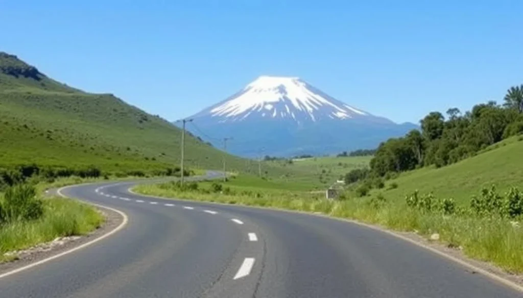 A scenic road leading to Tlalmanalco with Iztaccíhuatl volcano visible in the background