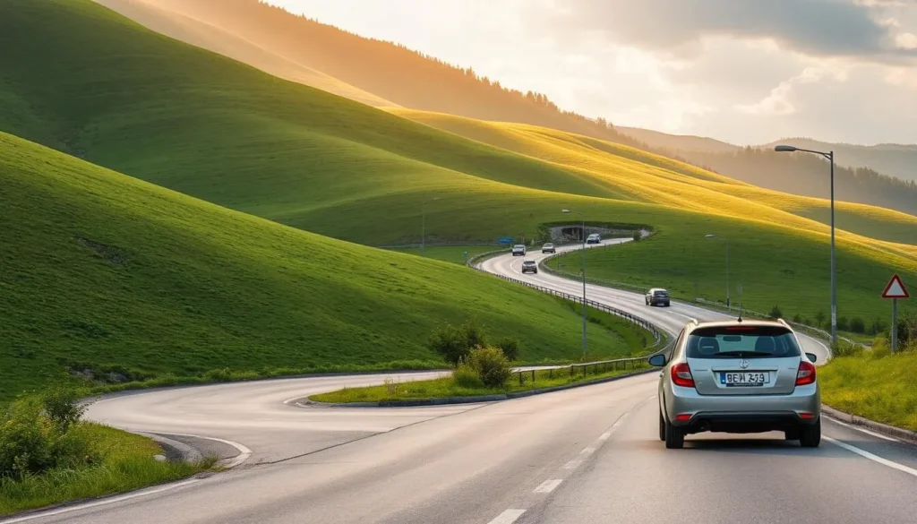A scenic road winding through the rolling hills of Pitești, Romania, with lush green landscapes and a picturesque mountain backdrop. The sun casts a warm, golden glow, illuminating the well-maintained asphalt and the occasional roadside vegetation. Compact, modern cars navigate the route, capturing the efficient and practical nature of transportation in this vibrant city. The composition emphasizes the ease of access and the budget-friendly options available to travelers, inviting them to explore Pitești's charming streets and attractions without straining their wallets.