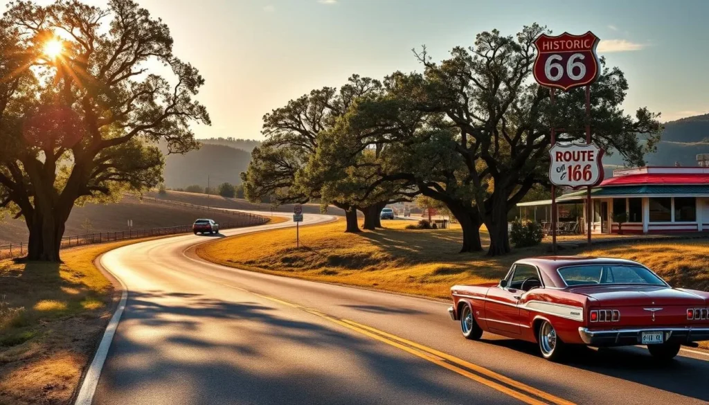 A scenic route winding through rolling hills, with the sun casting a warm glow over the asphalt. Towering sycamore trees line the road, their branches casting dappled shadows. In the distance, a historic roadside diner stands proudly, its neon sign flickering. Classic cars from the heyday of Route 66 cruise by, their chrome gleaming. The scene exudes a sense of nostalgia and adventure, inviting the viewer to embark on a journey through the heart of Missouri's historic highway.