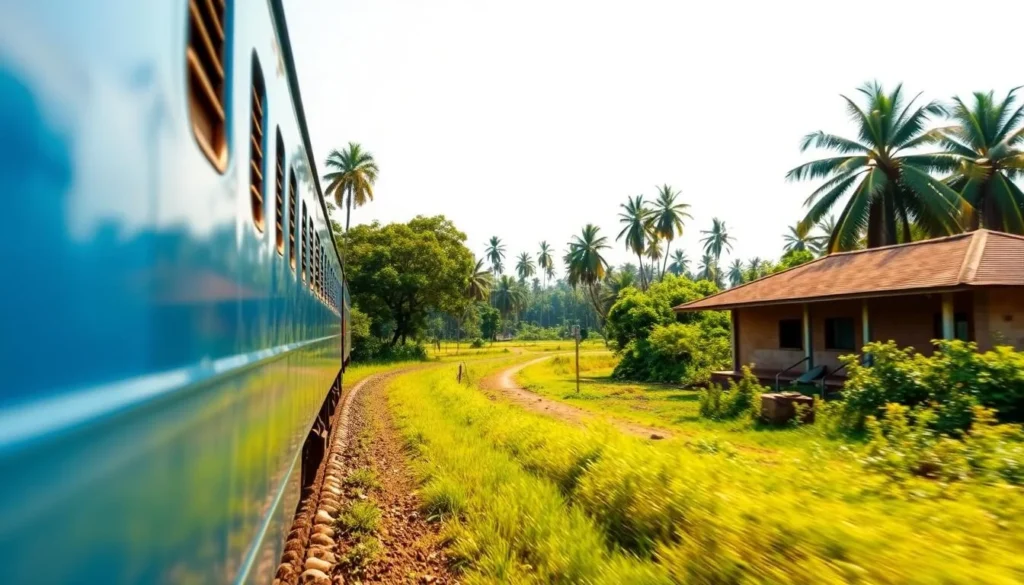 A scenic train journey through lush green landscapes approaching Anuradhapura station