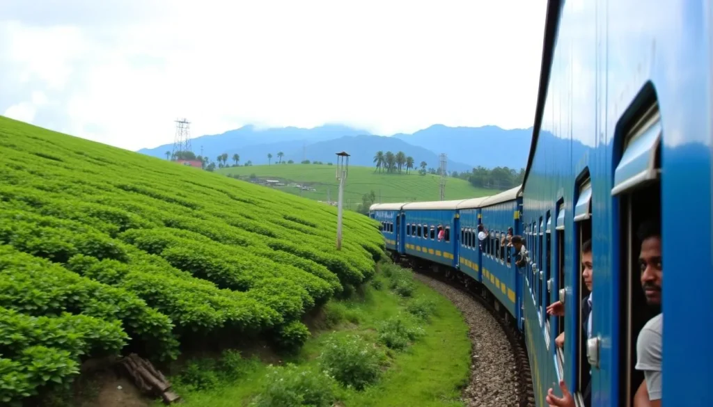 A scenic train journey through tea plantations approaching Nanu Oya station near Pidurutalagala