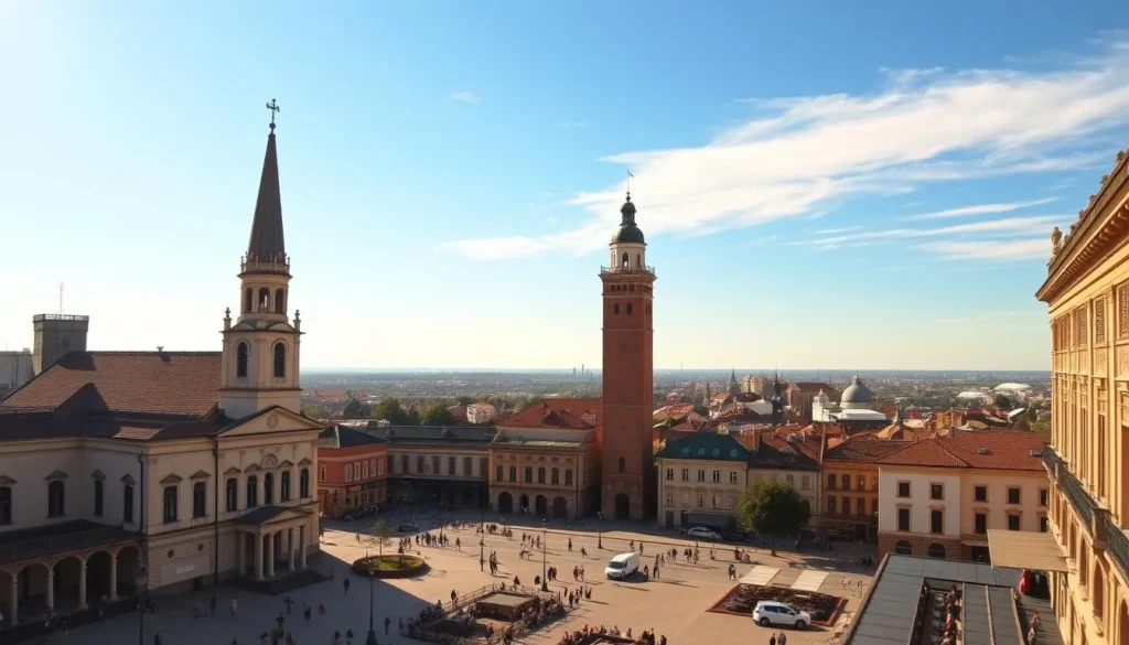 A scenic vista of Satu Mare's historic heart, bathed in warm afternoon sunlight. In the foreground, an elegant Baroque-style church with a towering steeple dominates the frame. Surrounding it, a bustling town square filled with pedestrians and small cafes. In the middle ground, the iconic Fire Tower rises majestically, its red-brick facade contrasting against the azure sky. In the distance, a panoramic view of the city's skyline, featuring a blend of traditional architecture and modern structures. The scene conveys a sense of timeless charm and vibrant community life. Capture this picturesque urban landscape using a wide-angle lens to emphasize the architectural details and depth of field.