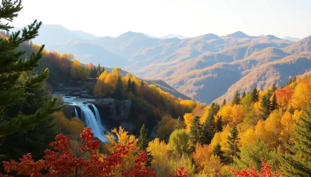 A scenic vista of the Central Balkan National Park in Bulgaria, showcasing the best time of year to visit. The foreground features a lush, verdant forest with vibrant autumnal foliage, hinting at the park's stunning fall colors. The middle ground reveals a cascading waterfall, its crystal-clear waters glistening in the warm, golden sunlight. In the background, rolling hills and rugged mountains rise up, creating a breathtaking landscape perfect for hiking and exploring the park's quieter trails. The overall atmosphere is one of tranquility, serenity, and the natural beauty that draws visitors to the Central Balkan region.