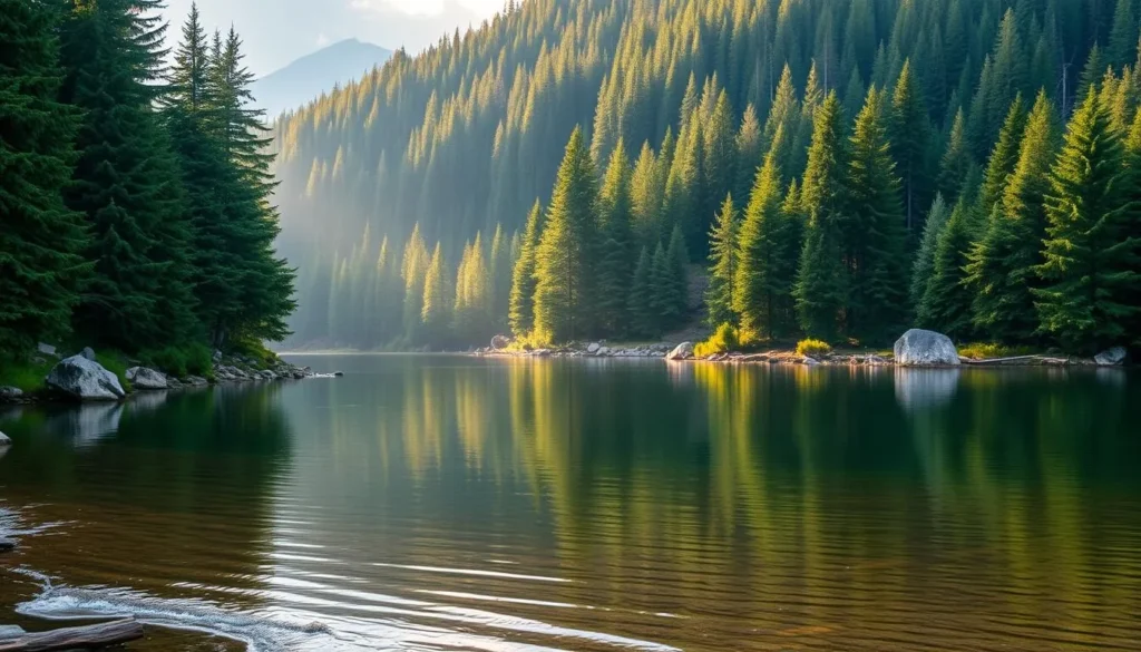 A serene alpine lake nestled in the lush forests of Bucegi National Park, Romania. Scropoasa Lake's tranquil waters reflect the dense, verdant canopy of towering pines and firs that surround it. Soft, diffused sunlight filters through the trees, casting a warm, golden glow over the scene. In the foreground, the lake's calm surface is interrupted only by the gentle lapping of waves against the rocky shore. The middle ground reveals a picturesque shoreline dotted with boulders and fallen logs, inviting visitors to explore. The background features the rugged, forested slopes of the Bucegi Mountains, creating a serene and picturesque landscape. An atmosphere of peaceful solitude and natural wonder pervades the scene.