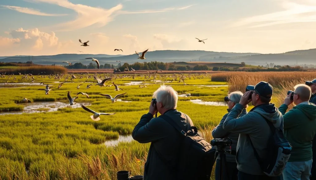 A serene and picturesque scene of avid birdwatchers in the lush wetlands of Kiskunság National Park, Hungary. In the foreground, a group of enthusiastic birders armed with binoculars and cameras, intently observing the diverse avian inhabitants. The mid-ground showcases the park's verdant marshes and ponds, teeming with a vibrant array of waterfowl taking flight. In the background, towering reeds and rolling hills create a tranquil, natural backdrop, bathed in warm, golden sunlight filtering through wispy clouds. Capture the tranquility and wonder of this premier birdwatching destination, where nature and passion for ornithology converge.
