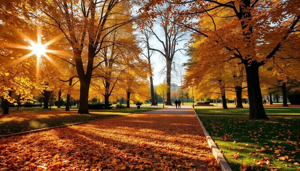 A serene autumn scene in Sofia's lush public gardens. Sunlight filters through the vibrant, golden-hued foliage, casting a warm glow over the meticulously manicured pathways. In the foreground, fallen leaves carpet the ground, crunching underfoot. In the middle distance, towering trees stand tall, their branches reaching up to a clear, azure sky. Nearby, a group of people stroll leisurely, enjoying the pleasant, mild temperatures and the tranquil ambiance. Capture the essence of Sofia in autumn - a time of natural beauty, cozy comfort, and unhurried exploration.