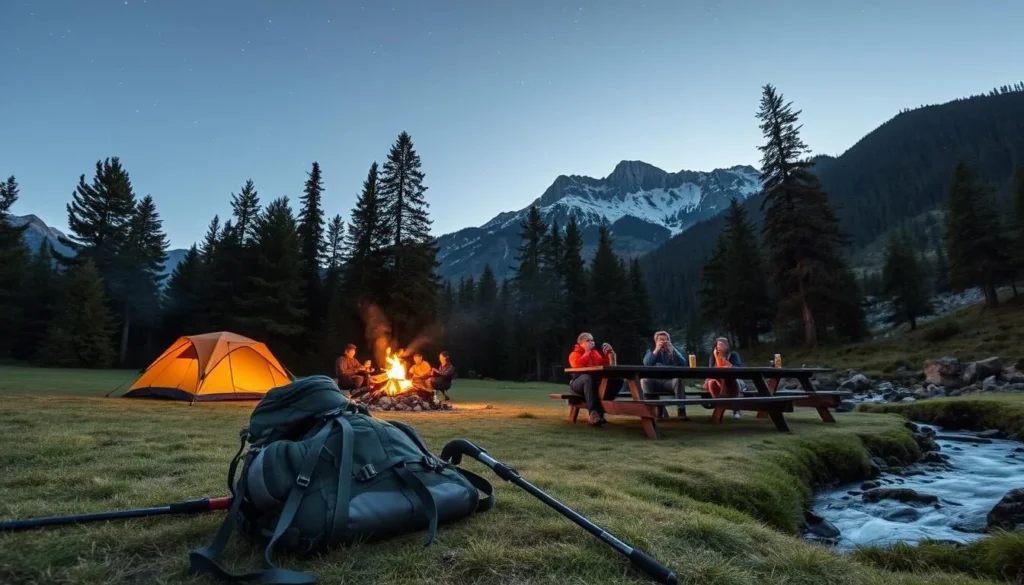 A serene campsite nestled in the lush Retezat mountains, Romania. A roaring campfire casts a warm glow on the surrounding pine trees, while a cozy tent stands ready for a night under the stars. A group of hikers enjoy a well-deserved rest, sipping hot drinks and gazing up at the clear, starry sky. In the foreground, a rugged hiking backpack and walking poles lie on the soft grass, while in the middle ground, a wooden picnic table and benches invite you to linger. The background features towering, snow-capped peaks and a tranquil stream flowing nearby, creating a peaceful, serene atmosphere perfect for a camping adventure.