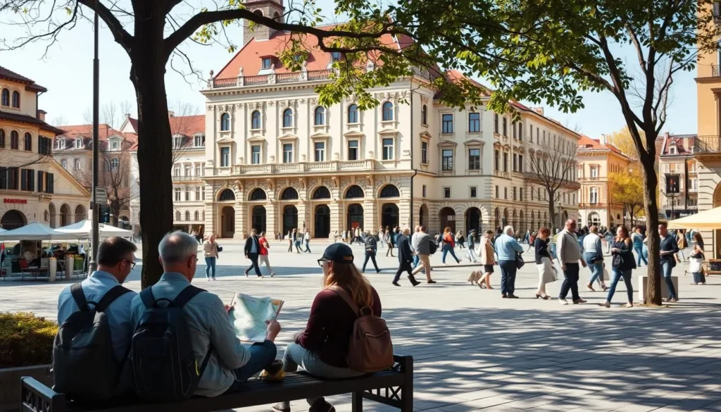 A serene city square in Tatabánya, Hungary, on a sunny day. In the foreground, a group of travelers sit on a bench, studying a map and discussing their plans. The middle ground features a bustling sidewalk, with pedestrians navigating the streets and locals going about their daily routines. In the background, a historic building with a distinctive architecture stands tall, casting gentle shadows across the scene. The lighting is warm and inviting, creating a welcoming atmosphere. The camera angle is slightly elevated, capturing the harmony of the urban landscape and the practical aspects of travel.