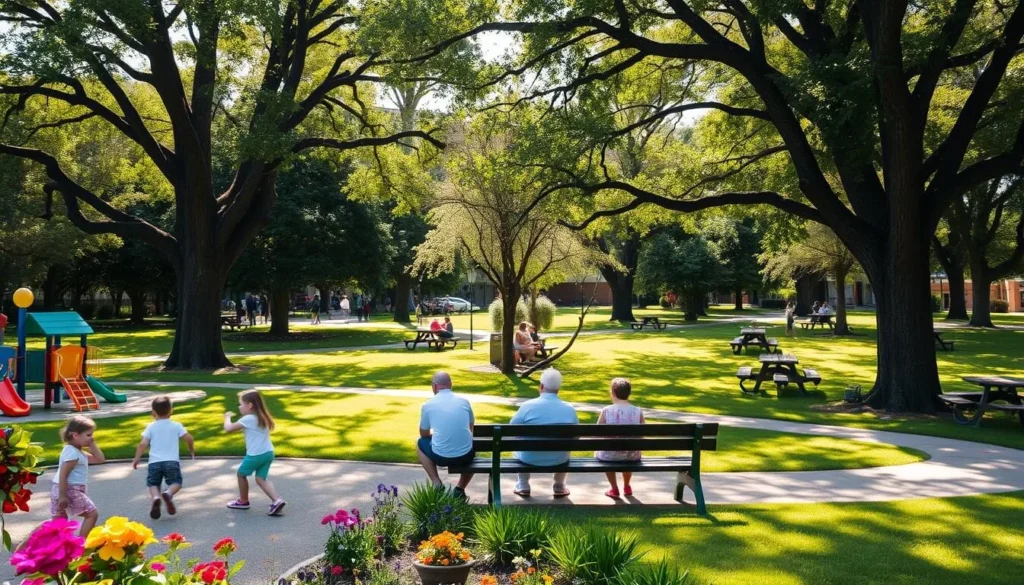 A serene family-friendly green space on a sunny afternoon. In the foreground, children play joyfully on a colorful playground, surrounded by lush greenery and vibrant flowers. In the middle ground, parents and grandparents sit on wooden benches, engaged in lively conversation and taking in the peaceful atmosphere. Towering trees provide dappled shade, creating a warm, inviting ambiance. The background showcases a well-manicured lawn, dotted with scattered picnic tables and families enjoying a leisurely lunch. Soft, natural lighting filters through the canopy, casting a golden glow over the entire scene, conveying a sense of tranquility and togetherness.
