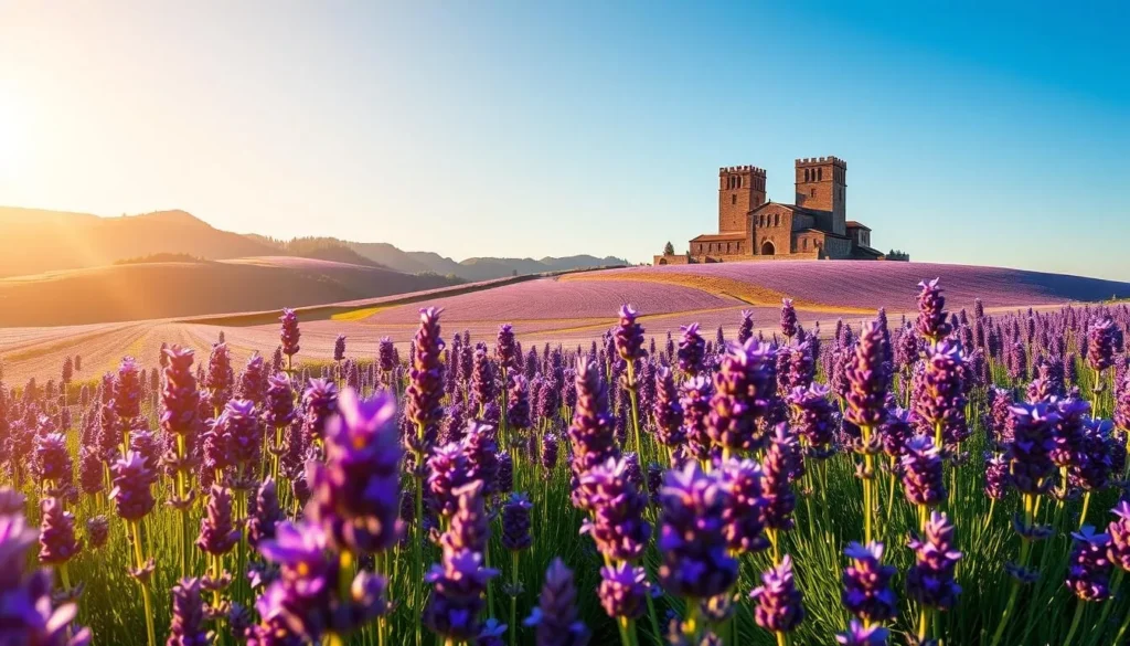 A serene field of vibrant lavender blooms, gently swaying in the soft breeze. The sun casts a warm, golden glow, illuminating the delicate petals and casting long shadows across the undulating landscape. In the distance, a historic Benedictine abbey stands majestically, its stone towers reaching towards the clear azure sky. The air is filled with the calming, floral aroma of the lavender, creating a tranquil and picturesque scene. Capture this idyllic moment with a medium-wide angle lens, framing the abbey and lavender field in a harmonious composition that showcases the natural beauty of the Tihany Peninsula.
