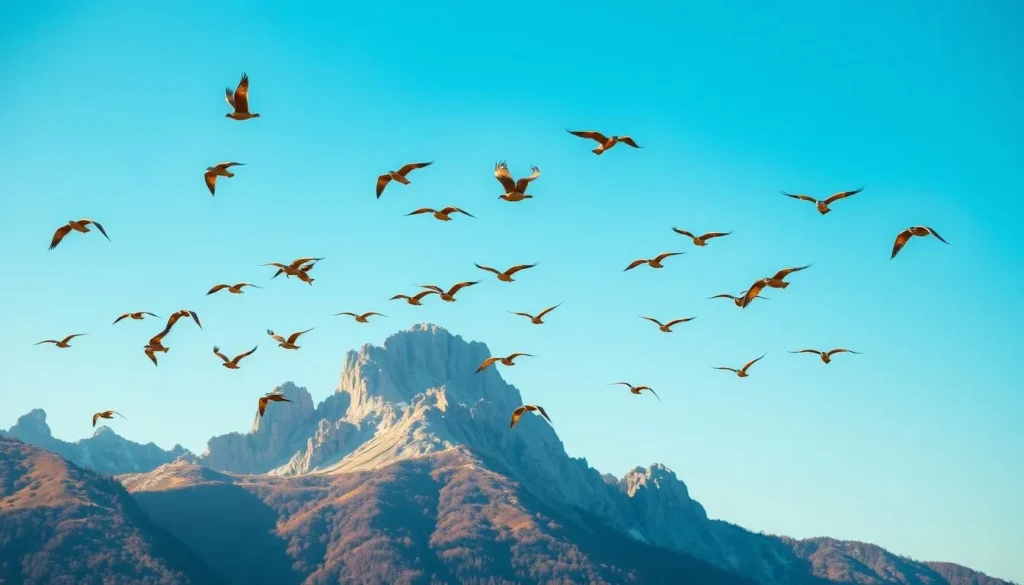 A serene flock of birds soaring gracefully against a vibrant, azure sky over the majestic Măcin Mountains. The birds, a mix of colorful species, glide effortlessly on the gentle breeze, their wings outstretched in a captivating dance. The rugged, sun-kissed peaks of the mountains rise in the background, creating a stunning natural backdrop. The scene is illuminated by warm, golden sunlight, casting a soft, ethereal glow over the landscape. Capture the awe-inspiring beauty of this Romanian wonder, where the boundless skies and the ancient mountains converge in a breathtaking display of nature's grandeur.