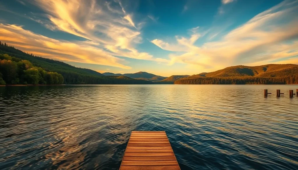 A serene lake surrounded by lush, verdant forests and rolling hills, bathed in warm, golden sunlight. The calm waters reflect the vibrant colors of the sky, with wispy clouds drifting overhead. In the foreground, a small wooden dock extends into the lake, inviting visitors to sit and soak in the tranquil atmosphere. The scene conveys a sense of natural beauty and peacefulness, perfectly capturing the best time to visit this picturesque location.