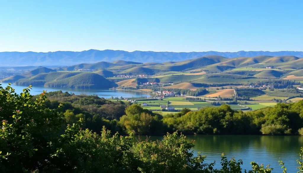A serene lakeside landscape in the Balaton Uplands, Hungary. In the foreground, crystal-clear waters reflect the surrounding hills and lush foliage. The middle ground features gently rolling hills covered in verdant meadows and vineyards, with the occasional cluster of picturesque villages. The background is dominated by a range of rolling hills, their slopes bathed in warm, golden afternoon light. The scene conveys a sense of tranquility and natural beauty, perfectly capturing the essence of the Balaton Uplands.