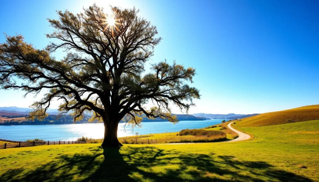 A serene landscape bathed in warm, golden sunlight. In the foreground, a majestic oak tree stands tall, its branches casting delicate shadows on the lush, verdant grass below. In the middle ground, a winding path leads the eye towards a tranquil river, its glistening waters reflecting the azure sky above. In the distance, rolling hills dotted with wildflowers create a picturesque backdrop, hinting at the passage of time. The scene exudes a sense of timeless calm and natural harmony, inviting the viewer to pause and appreciate the beauty of the present moment.