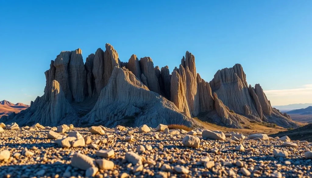 A serene landscape featuring a stunning vista of azure-hued rocks nestled against a cloudless azure sky. The scene is bathed in warm, golden sunlight that casts a gentle glow over the rugged, weathered formations. In the foreground, a scattering of smaller rocks and pebbles add depth and texture to the composition. The midground showcases the majestic, towering rock formations, their surfaces etched with intricate patterns and hues of blue, ranging from deep indigo to pale cerulean. In the background, the horizon is dotted with more distant peaks, creating a sense of depth and scale. The overall atmosphere is one of tranquility and natural beauty, inviting the viewer to bask in the serene splendor of this stunning natural wonder.