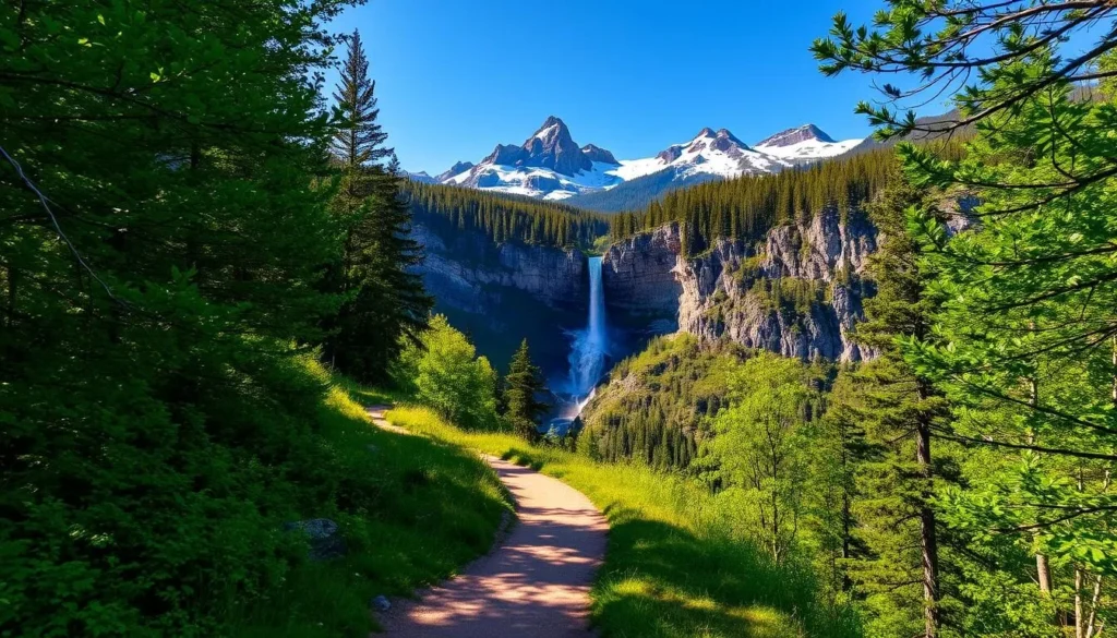 A serene landscape in the Central Balkan National Park, Bulgaria, showcasing its natural beauty. In the foreground, a winding hiking trail leads through a lush, verdant forest, with sunlight filtering through the canopy. In the middle ground, a majestic waterfall cascades over rugged cliffs, its crystal-clear waters framed by vibrant greenery. In the background, towering mountain peaks rise, their snow-capped summits bathed in warm, golden light. The scene exudes a sense of tranquility and awe, inviting viewers to explore the trails, marvel at the stunning waterfalls, and immerse themselves in the park's diverse wildlife and panoramic vistas.