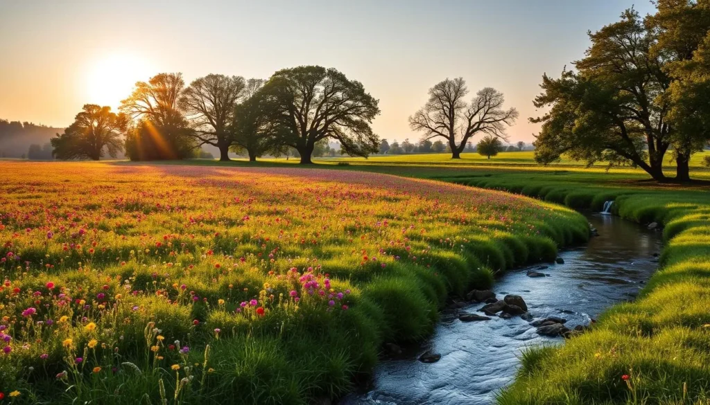 A serene landscape in the Dobrudzha region of Bulgaria, showcasing the natural beauty of Dobrich. A rolling meadow blanketed in vibrant wildflowers, bathed in the warm glow of a golden hour sun. In the distance, a row of majestic oak trees line the horizon, their branches swaying gently in a soft breeze. A tranquil stream winds through the foreground, its crystal-clear waters reflecting the surrounding scenery. The scene exudes a sense of peaceful tranquility, inviting the viewer to immerse themselves in the calm and enchanting atmosphere of this charming Bulgarian town.