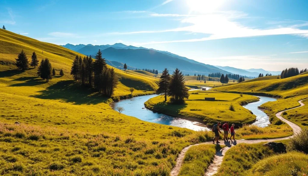 A serene landscape in the Romanian countryside, bathed in warm afternoon sunlight. Rolling hills dotted with lush green meadows and vibrant wildflowers. A winding river cuts through the scene, its crystal-clear waters reflecting the surrounding natural beauty. Towering pine trees line the riverbanks, their branches swaying gently in a light breeze. In the distance, the silhouettes of the Carpathian Mountains rise majestically against a brilliant azure sky, their peaks touched by wisps of clouds. A family of hikers strolls along a well-worn path, pausing to admire the picturesque vista. Peaceful, serene, and bursting with the splendor of the great outdoors, this idyllic setting captures the essence of the Targu Mures region.