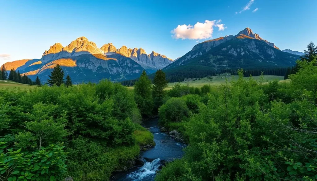 A serene landscape of the Buila-Vanturarita National Park in Romania, captured with a high-quality digital camera and a wide-angle lens. The foreground features a winding stream cutting through lush, verdant foliage, while the middle ground showcases towering, rugged mountains in the distance, their peaks bathed in warm, golden sunlight. The background is filled with a clear, azure sky, dotted with a few wispy clouds. The overall scene conveys a sense of tranquility and natural beauty, inviting the viewer to immerse themselves in the picturesque wonder of this Romanian wilderness.