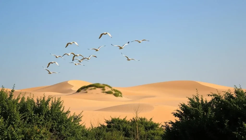 A serene landscape of the Fülöpháza sand dunes in Kiskunság National Park, Hungary. In the foreground, a flock of birds soars gracefully over the undulating golden dunes, their wings catching the warm, natural light. In the middle ground, lush vegetation frames the dunes, adding a touch of vibrant greenery to the scene. The background features a clear, azure sky, creating a calming and picturesque atmosphere. Capture the tranquility and beauty of this natural wonder with a wide-angle lens, showcasing the stunning contrast between the earth and the sky.