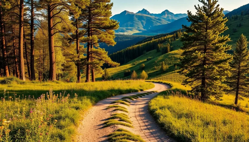 A serene landscape of the Rhodope Mountains in Bulgaria, with a winding trail cutting through lush greenery. The foreground features a picturesque dirt path, flanked by vibrant wildflowers and towering deciduous trees casting gentle shadows. In the middle ground, rolling hills covered in a patchwork of meadows and forests stretch out, their hues ranging from deep emerald to golden sunlight. The background is dominated by the majestic Rhodope peaks, their rocky silhouettes standing tall against a clear, azure sky. Warm, diffused lighting creates a soft, tranquil atmosphere, inviting the viewer to embark on a short, scenic walk through this serene natural haven.