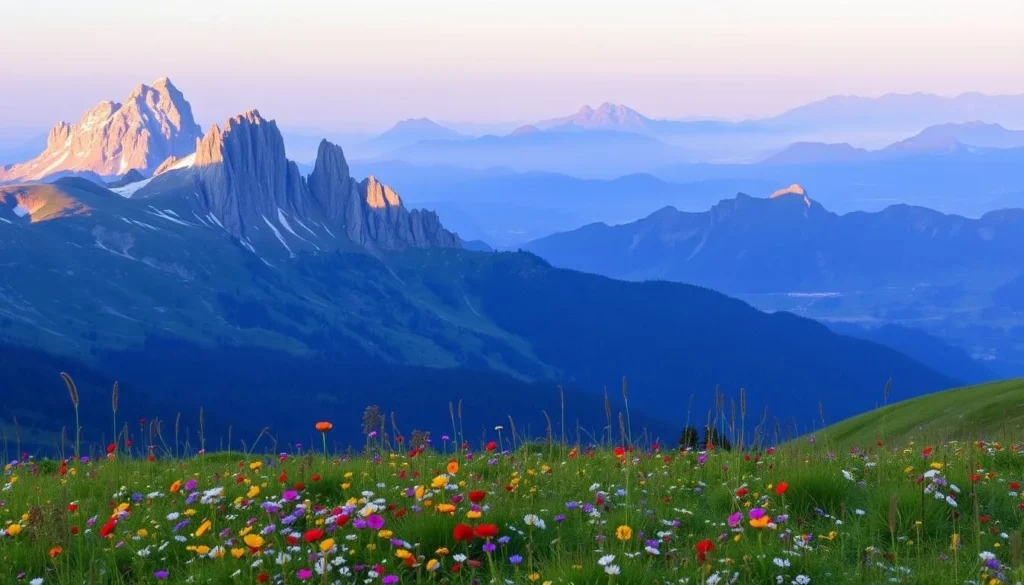 A serene landscape of the Rodna Mountains National Park, Romania. In the foreground, a lush meadow carpeted with vibrant wildflowers sways gently in the breeze. Towering peaks of the Rodna range rise majestically in the middle ground, their snow-capped summits glowing under the warm, golden light of an afternoon sun. The backdrop is a panoramic vista of rugged, jagged mountain silhouettes fading into the distance, shrouded in a soft, hazy blue. The scene exudes a sense of tranquility and natural splendor, perfectly capturing the essence of this pristine wilderness.