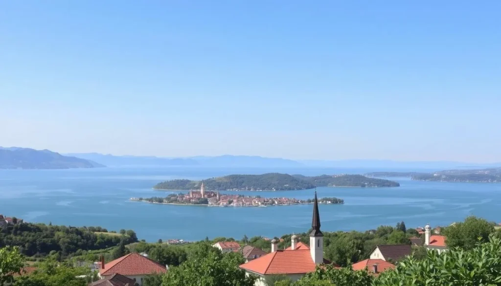 A serene panoramic view of Lake Balaton, the largest freshwater lake in Central Europe, nestled between lush hills and rolling vineyards. In the foreground, crystal-clear waters reflect the sky's soft hues, while a gentle breeze ripples the surface. In the middle ground, quaint Hungarian villages dot the shoreline, their red-tiled roofs and church spires creating a picturesque scene. The background features a hazy blue horizon, with distant mountains adding depth and drama to the landscape. The overall atmosphere is one of tranquility and natural beauty, inviting the viewer to imagine a peaceful getaway to this idyllic Hungarian retreat.