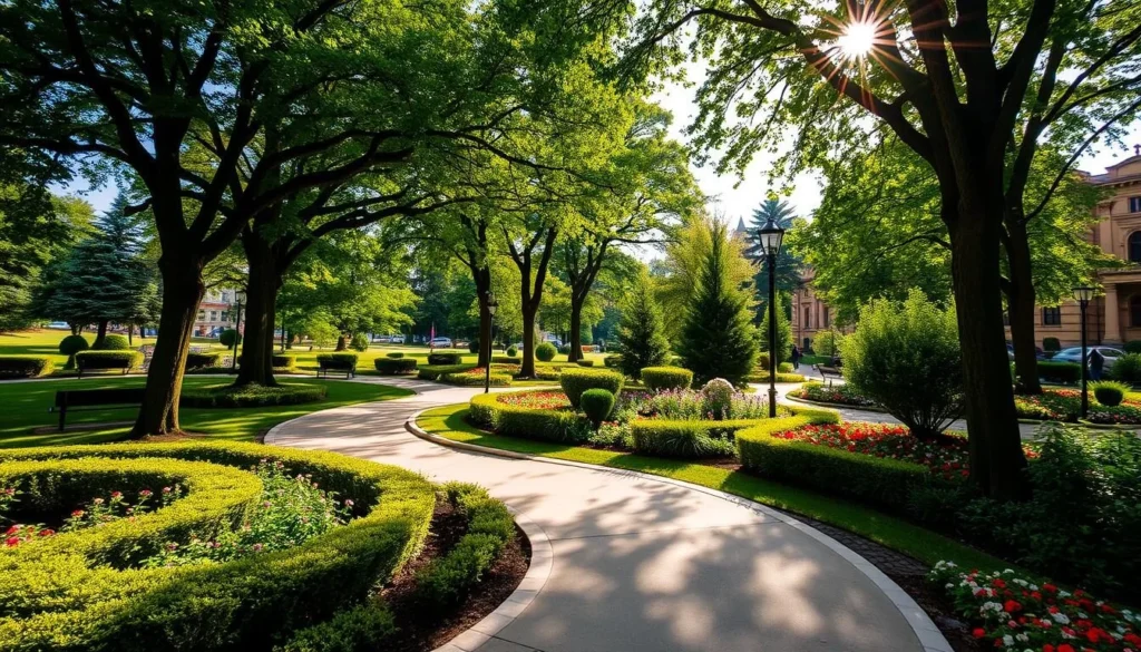 A serene public garden in Braila, Romania, with lush greenery, vibrant flower beds, and winding paths. Sunlight filters through the canopy of mature trees, casting a warm, inviting glow across the scene. In the foreground, neatly manicured shrubbery and colorful blooms create a picturesque and tranquil atmosphere. The middle ground features a winding pathway flanked by benches, inviting visitors to stroll and take in the peaceful ambiance. In the background, a glimpse of the surrounding historic buildings and architecture completes the idyllic urban oasis. The overall mood is one of serenity, relaxation, and connection with nature within the heart of the city.