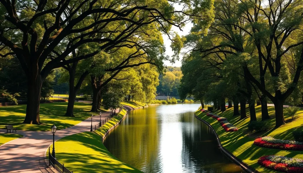 A serene river meandering through a lush, verdant park. Towering trees line the riverbanks, their branches casting dappled shadows on the tranquil waters. In the foreground, a winding promenade invites leisurely strolls, dotted with benches and lamp posts. Colorful flower beds and well-manicured lawns create a picturesque, inviting atmosphere. The scene is bathed in warm, golden sunlight, conveying a sense of peaceful contentment. A calm, peaceful day in an idyllic outdoor setting.