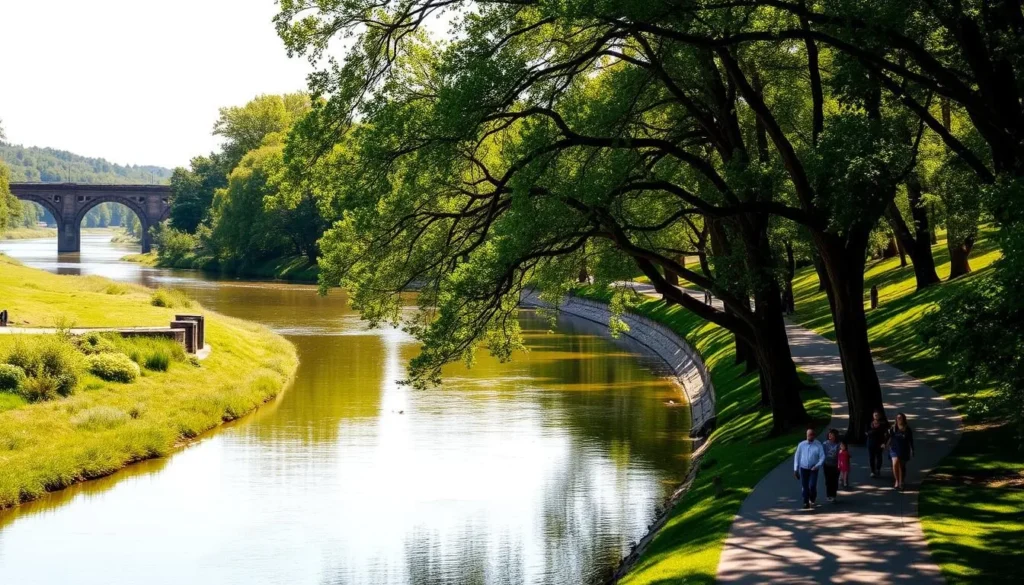A serene river winding through a lush, verdant landscape, its calm waters reflecting the warm glow of the sun. Towering trees line the riverbanks, their branches casting dappled shadows across the surface. In the distance, a historic bridge spans the river, its timeless architecture a testament to the area's rich heritage. Families stroll along the paved pathways, enjoying the tranquil atmosphere and the opportunity to immerse themselves in nature. The scene exudes a sense of relaxation and contentment, inviting the viewer to escape the hustle and bustle of daily life and embrace the simple pleasures of a peaceful day by the river.