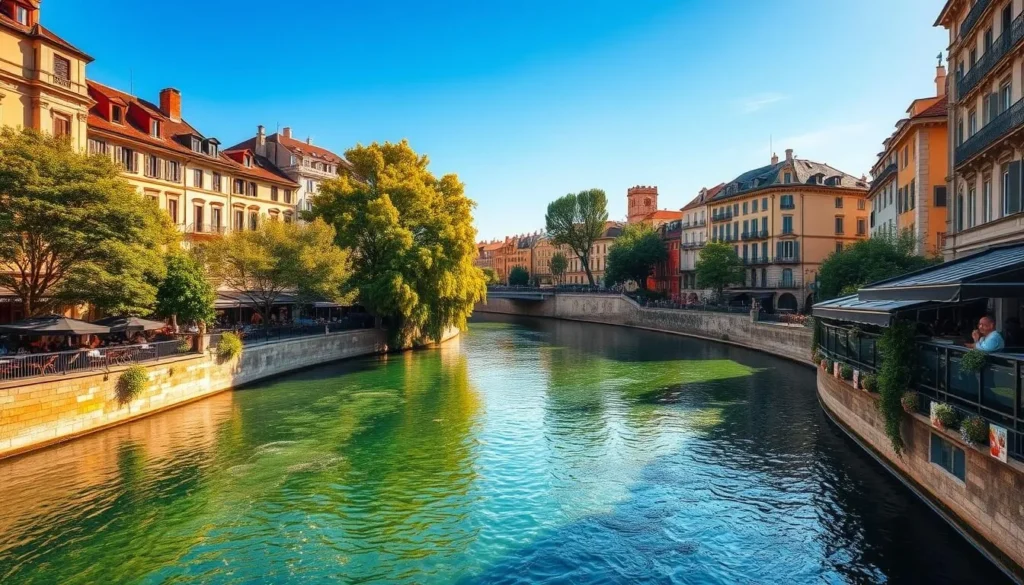 A serene river winds through the heart of a charming European city, its banks lined with cozy cafes and elegant restaurants. The crystal-clear waters reflect the warm, golden sunlight and the vibrant facades of the historic buildings that overlook the scene. Lush foliage and towering trees provide a verdant backdrop, creating a peaceful, inviting atmosphere perfect for leisurely dining and drinking. Soft shadows dance across the scene, adding depth and dimension. The camera captures this idyllic riverside setting from a low angle, emphasizing the grand architecture and the alluring ambiance that draws visitors to linger and savor the local cuisine and stunning vistas.