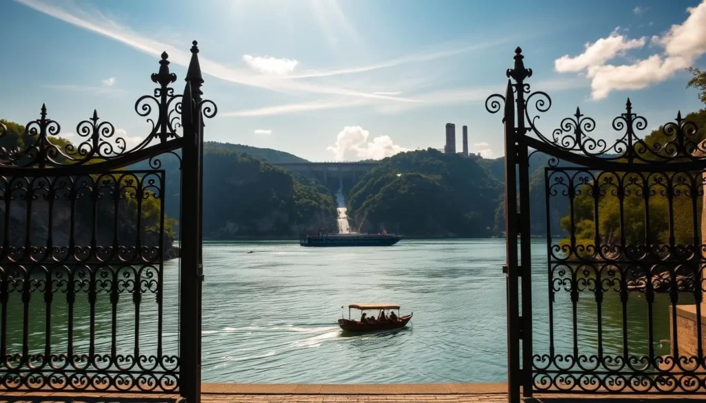 A serene riverfront scene along the Danube River in the Iron Gates region of Romania. In the foreground, a pair of ornate wrought-iron gates stand open, inviting visitors to explore the natural wonders beyond. The middle ground features a traditional wooden boat gently drifting on the calm, azure waters, its passengers taking in the dramatic limestone cliffs and lush, verdant hills that line the shores. In the background, the iconic hydroelectric dam and power station of the Iron Gates rise majestically, a testament to human engineering. Warm, golden sunlight filters through wispy clouds, casting a soft, tranquil glow over the entire landscape. Crisp, clean details and a realistic, photographic style bring this picturesque scene to life.