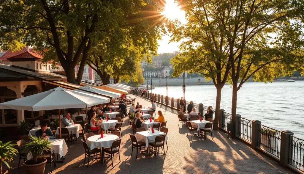 A serene riverfront scene in Vidin, Bulgaria, showcasing cozy restaurants along the Danube's tranquil banks. Warm afternoon sunlight filters through lush trees, casting a golden glow over the outdoor dining areas. Tables adorned with crisp white linens and cheerful umbrellas invite patrons to savor local delicacies while taking in the picturesque, historic town and the mighty river flowing past. Quaint architectural details, such as cobblestone pathways and colorful facades, complement the relaxed, charming atmosphere. Diners leisurely converse, enjoying the peaceful ambiance and stunning riverscape views.