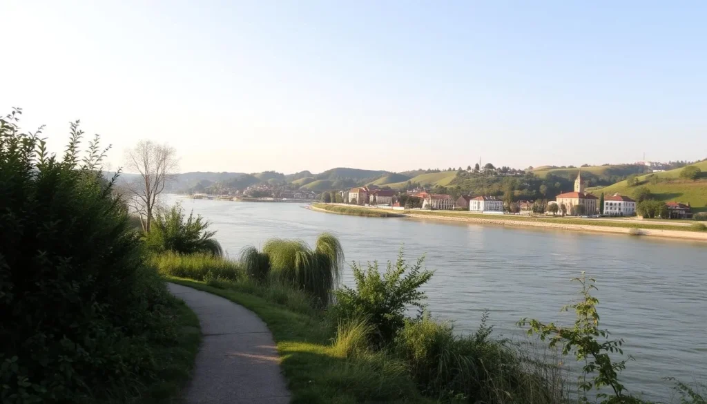 A serene riverside landscape in Érd, Hungary, overlooking the majestic Danube River. In the foreground, lush greenery and a well-maintained walking path invite exploration. The middle ground features the gently flowing river, its waters shimmering under the warm, golden sunlight. In the background, the rolling hills of the region provide a picturesque backdrop, their slopes dotted with charming homes and buildings. The overall scene conveys a sense of tranquility and outdoor enjoyment, perfect for a leisurely stroll or a moment of contemplation. Capture this idyllic Danubian vista using a wide-angle lens to showcase the expansive, serene setting.