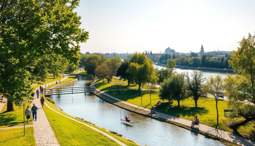 A serene riverside park in Dimitrovgrad, Bulgaria, on a sunny afternoon. Lush green trees and grassy areas line the banks of a gently flowing river. Families stroll along the cobblestone pathways, children play on the swings, and couples relax on benches overlooking the tranquil waters. The scene is bathed in warm, golden light, creating a peaceful, inviting atmosphere. In the background, the skyline of Dimitrovgrad's historic buildings and landmarks can be seen. The entire landscape is captured through a wide-angle lens, offering a comprehensive view of this picturesque urban oasis.