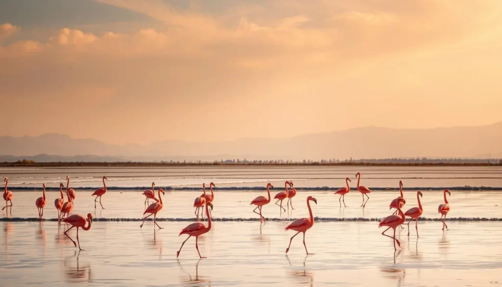 A serene scene at Atanasovsko Lake, Bulgaria, where vibrant pink flamingos gracefully wade in the shallow, salt-rich waters. The birds' long, slender necks and delicate frames stand in contrast to the stark, geometric salt pans that line the shore. Warm sunlight filters through wispy clouds, casting a soft, golden glow over the tranquil landscape. In the distance, the hazy outline of the Burgas hills provides a picturesque backdrop. The overall atmosphere is one of natural beauty, tranquility, and the delicate balance between wildlife and human industry.
