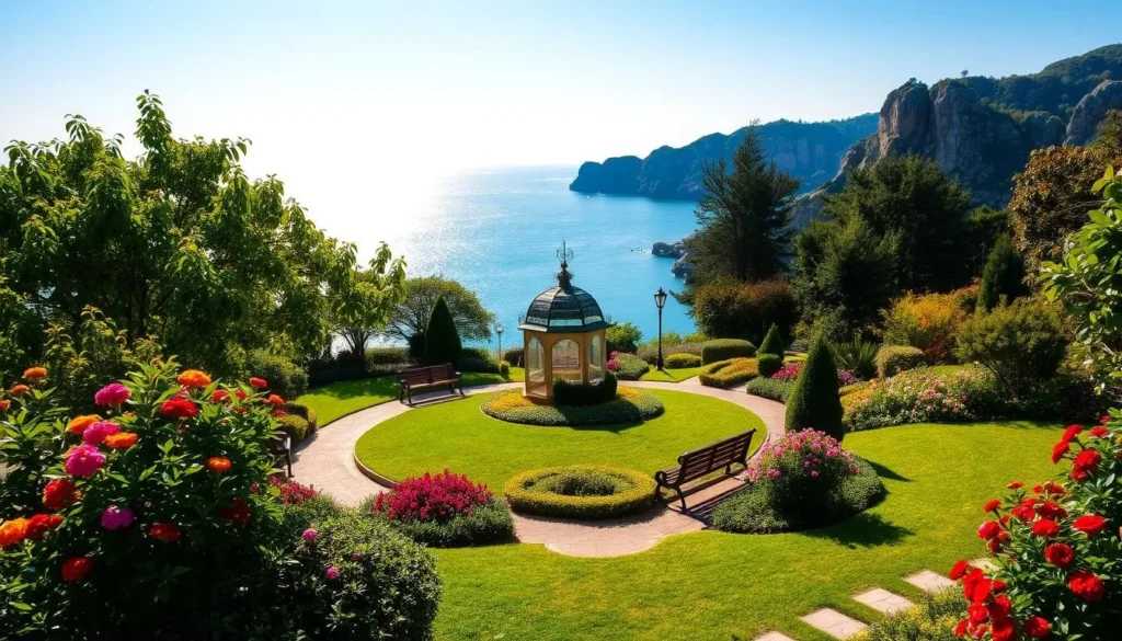 A serene seaside garden on the Black Sea coast, with lush greenery and vibrant flowers blooming under the warm, golden sunlight. Manicured pathways wind through the scenic landscape, inviting visitors to stroll and explore. In the distance, the azure waters of the sea glisten, framed by a backdrop of towering cliffs and rocky formations. Nestled between the verdant foliage, charming benches and ornate gazebos offer tranquil spots to rest and admire the picturesque setting. The scene exudes a sense of tranquility and natural beauty, perfectly capturing the essence of Burgas's iconic Sea Garden.