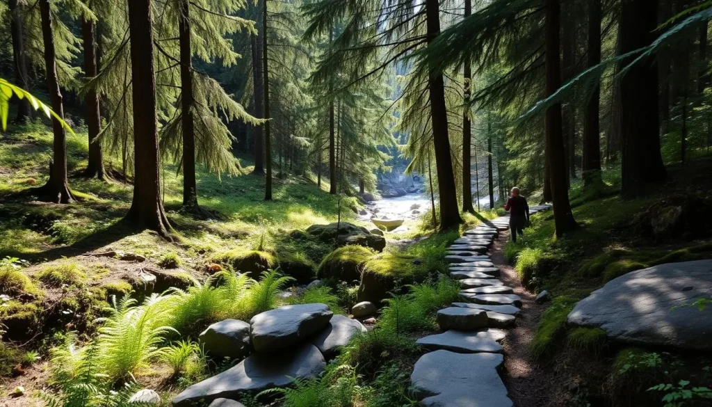 A serene, sun-dappled hiking trail winds through a lush, verdant forest in the Cheile Nerei-Beusnita National Park, Romania. Towering evergreen trees frame the path, casting gentle shadows and creating a tranquil atmosphere. The trail is dotted with smooth river rocks and surrounded by a tapestry of ferns, wildflowers, and mossy boulders. In the distance, a babbling brook glistens, its gentle sounds echoing through the peaceful landscape. Hikers of all skill levels can explore this picturesque trail, immersed in the serene beauty of the park's natural wonders.