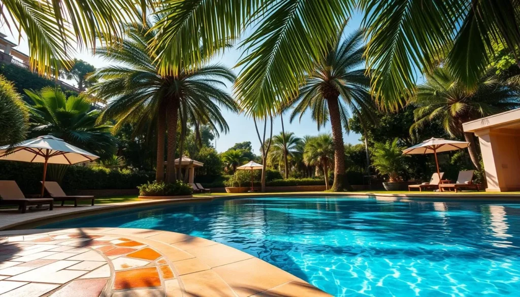 A serene, sun-dappled outdoor pool nestled within a lush, verdant oasis. Crystalline azure waters shimmer invitingly, beckoning swimmers to dive in and escape the heat. Surrounding the pool, a mosaic of terra cotta tiles and polished stone create a Mediterranean ambiance. Stylish lounge chairs and umbrellas dot the poolside, while a manicured lawn and towering palms frame the idyllic scene. Soft, warm lighting filters through the canopy, evoking a peaceful, rejuvenating atmosphere. The camera captures this tranquil oasis from a low angle, emphasizing the serene, restorative qualities of AquaStar's luxurious pools.