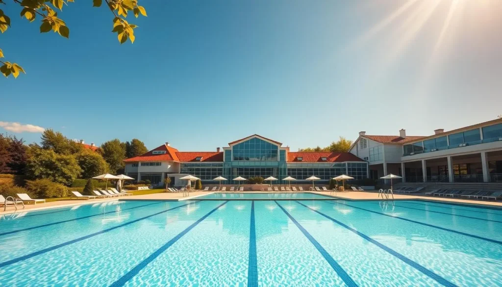 A serene, sunlit spa and wellness center nestled in the heart of Hódmezővásárhely, Hungary. A large, gleaming Olympic-grade pool reflects the azure sky, inviting visitors to bask in the soothing thermal waters. In the foreground, lush greenery and modern lounging areas create a tranquil atmosphere, while the middle ground showcases an array of wellness facilities, from saunas to massage rooms. The background features the distinctive architectural style of the region, complementing the overall sense of relaxation and rejuvenation. Capture the essence of this premier spa destination with a cinematic, wide-angle lens, bathed in warm, natural lighting. A serene, sunlit spa and wellness center nestled in the heart of Hódmezővásárhely, Hungary. A large, gleaming Olympic-grade pool reflects the azure sky, inviting visitors to bask in the soothing thermal waters. In the foreground, lush greenery and modern lounging areas create a tranquil atmosphere, while the middle ground showcases an array of wellness facilities, from saunas to massage rooms. The background features the distinctive architectural style of the region, complementing the overall sense of relaxation and rejuvenation. Capture the essence of this premier spa destination with a cinematic, wide-angle lens, bathed in warm, natural lighting.