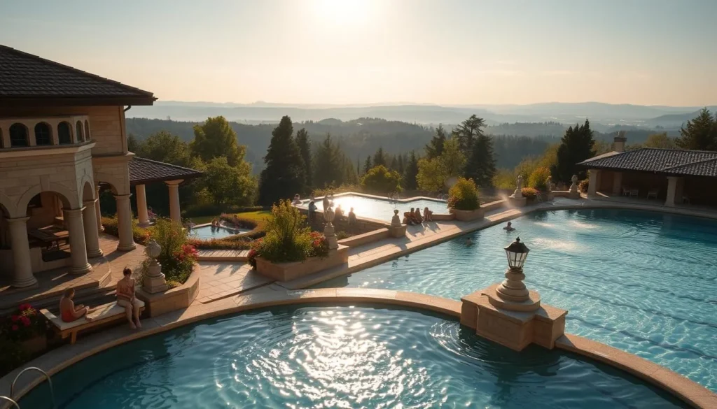 A serene thermal bath complex nestled in the heart of the Hungarian countryside. The warm, mineral-rich waters glisten under the soft afternoon sun, inviting visitors to indulge in a moment of tranquility. In the foreground, a picturesque pool is surrounded by intricate stone architecture, complemented by lush greenery and vibrant flowers. In the middle ground, people relax on the poolside, absorbing the soothing atmosphere. The background features a panoramic view of rolling hills and distant trees, creating a sense of natural harmony. The scene is bathed in a warm, golden light, evoking a feeling of comfort and rejuvenation.
