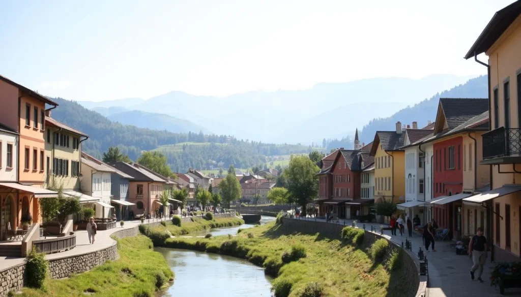 A serene town nestled in the Gerecse Mountains, Tatabánya comes alive on a bright, sunny day. Capture the charming streets lined with colorful buildings, their facades casting warm, golden hues in the soft, natural lighting. In the foreground, a winding river meanders through the town, its calm waters reflecting the lush greenery of the surrounding landscape. In the middle ground, townsfolk stroll leisurely, their silhouettes adding a touch of liveliness to the scene. Framing the composition, the majestic mountains rise in the distance, their peaks bathed in a gentle, diffused light that creates a sense of tranquility and connection with nature. The overall atmosphere evokes a serene, picturesque experience, perfectly suited to illustrate a "Short and Sweet Itinerary" in Tatabánya, Hungary.