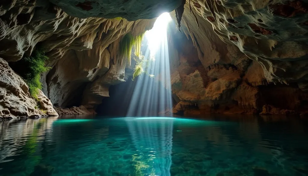 A serene underground lake nestled within a vast cavern, its crystal-clear waters reflecting the intricate limestone formations and soft natural lighting above. Sunbeams filter through cracks in the rock, casting a warm, ethereal glow upon the tranquil surface. Lush greenery clings to the cavern walls, adding a touch of vibrancy to the otherworldly scene. The camera captures this subterranean paradise from a low, wide angle, inviting the viewer to immerse themselves in the peaceful, awe-inspiring ambiance of the Tapolca Cave Lake.