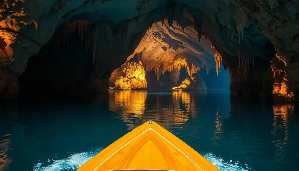 A serene underground river winding through the majestic Domica Cave, its crystal-clear waters reflecting the intricate stalactites and stalagmites that adorn the cavernous chamber. Warm, diffuse lighting from the boat illuminates the dramatic geological formations, casting deep shadows that accentuate their intricate textures. In the foreground, the sleek, wooden boat glides effortlessly across the still surface, while in the middle ground, the cave walls rise up, revealing ancient layers of limestone and dolomite. The background fades into a hazy, ethereal blue, creating a sense of depth and mystery. The overall atmosphere is one of awe and reverence, inviting the viewer to immerse themselves in the timeless wonder of this underground marvel.