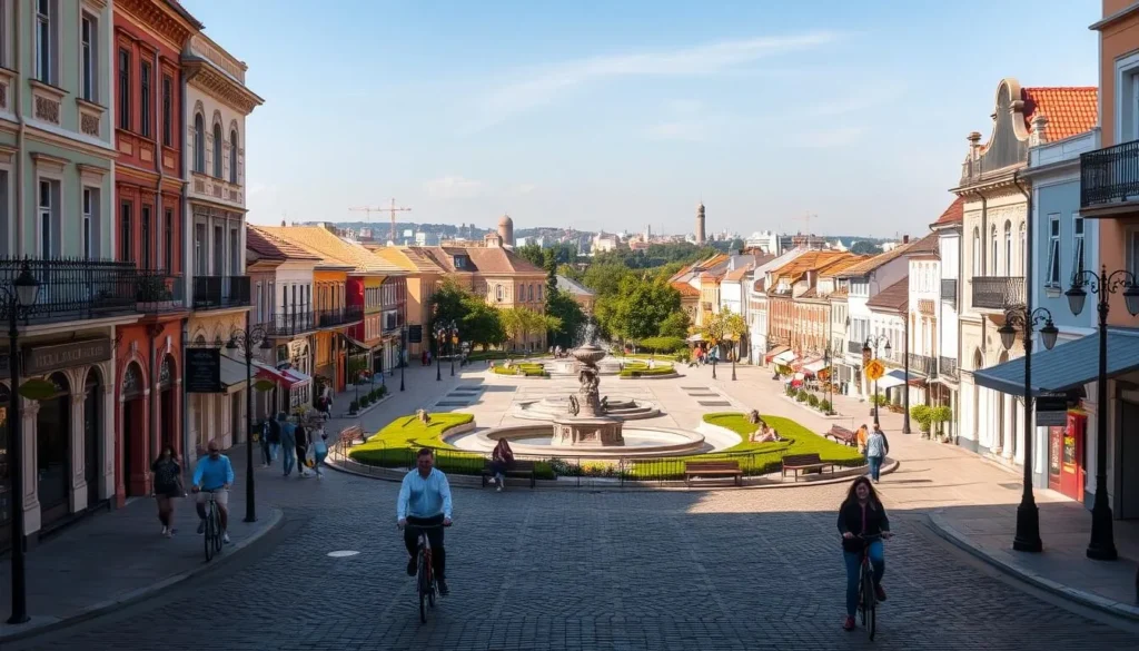 A serene urban landscape in Satu Mare, Romania, on a pleasant day. The foreground features a charming street lined with colorful, well-maintained buildings, their facades adorned with intricate architectural details. Pedestrians and cyclists leisurely navigate the cobblestone walkways, adding a lively yet relaxed atmosphere. In the middle ground, a central plaza comes into view, with a prominent fountain or monument as its centerpiece, surrounded by benches and lush greenery. The background showcases the city's skyline, with a mix of traditional and modern structures blending harmoniously. The lighting is warm and natural, casting a golden glow over the scene, and the overall mood is one of a vibrant, budget-friendly urban oasis, reflecting the best of Satu Mare's free and affordable activities.